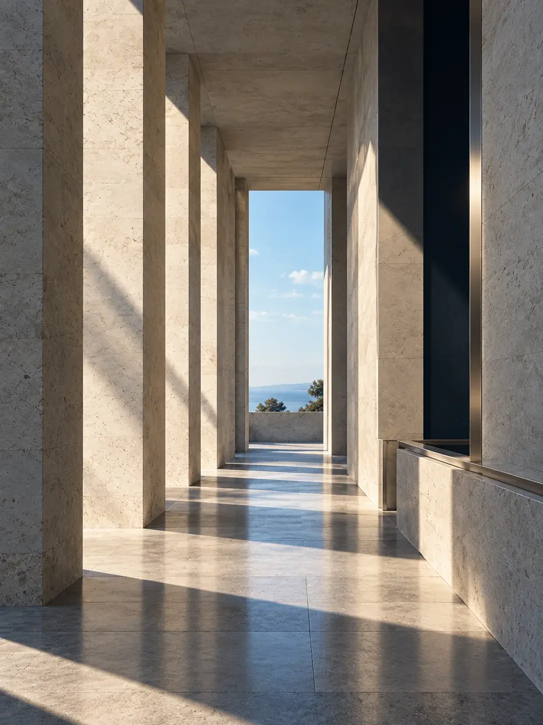 Sunlit limestone passage opening toward blue sky